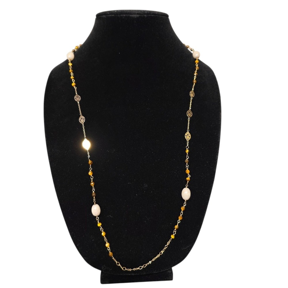 Beaded Necklace Gold Chain Tiger Eye Stone Accent Long Fashion Jewelry
